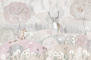 Whimsical woodland wall mural featuring a deer, fox, and rabbits in a pastel forest scene.