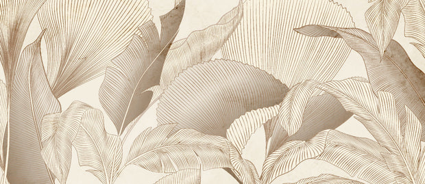 Sophisticated tropical leaf wall mural with fine-line botanical detailing in neutral beige and taupe tones, ideal for modern and elegant interior spaces.