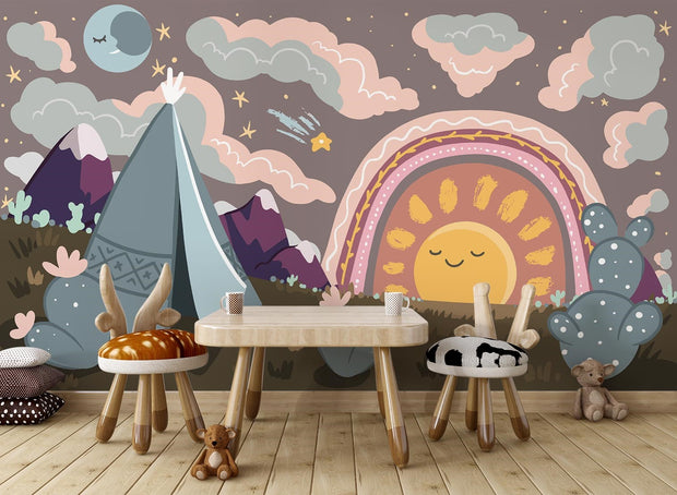 Boho-inspired kids wall mural featuring a sunset, rainbow, mountains, teepee, and desert landscape in soft earthy tones with a dreamy, whimsical design.