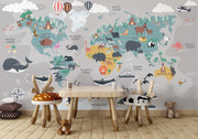 Illustrated kids world map wall mural featuring continents, oceans, animals, and landmarks in a playful and educational design.