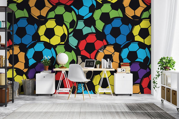 Bright multicolor soccer ball wall mural, decorating home office.