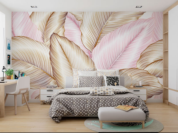 Blush and gold tropical leaf wall mural with oversized botanical patterns, featuring fine line details, perfect for modern, boho, and chic interior decor.