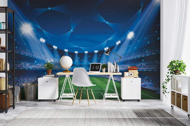 Stadium-themed soccer wall mural with night lighting, green field and vibrant crowd; decorating home office.