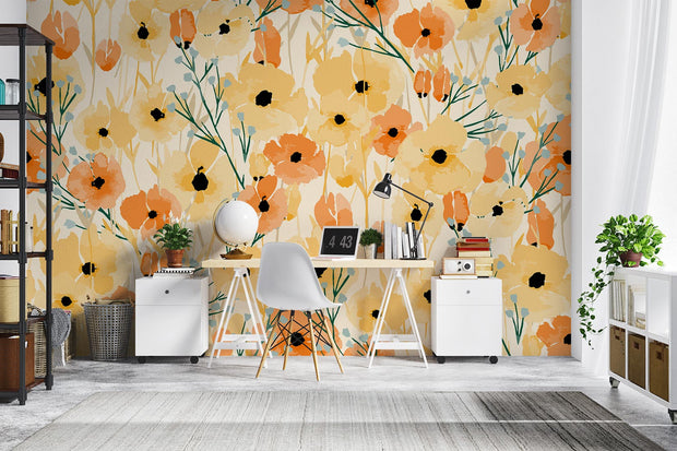 Bright poppy floral wall mural with bold yellow, orange, and green accents in a modern home office.