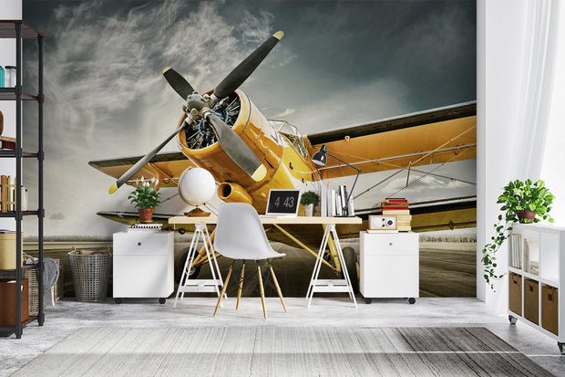 Vintage airplane wall mural featuring a bold yellow aircraft against a dynamic sky, ideal for creating an adventurous and inspiring interior.