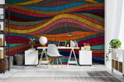 Colorful waves wall mural featuring colorful hand-drawn patterns in red, blue, yellow, and orange, perfect for modern home decor.