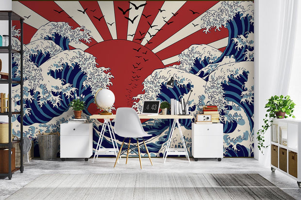 Japanese wall mural featuring blue ocean waves, a bold red rising sun, and birds in flight for a dynamic artistic statement.