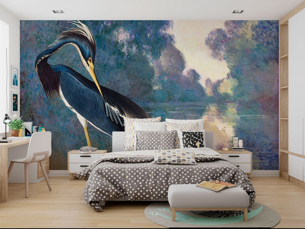 River Grace wall mural featuring a poised heron with rich blue feathers against a dreamy Impressionist river landscape in calming, painterly tones.