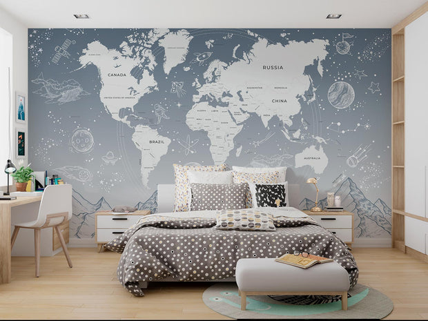 Modern gray world map wall mural with space elements, styled in contemporary children's bedroom.