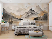 Watercolor Beige Mountain Wall Mural – Hand-Painted Landscape Wallpaper with Misty Peaks, a Sailing Boat, and Soft Earthy Tones for Elegant Interiors.