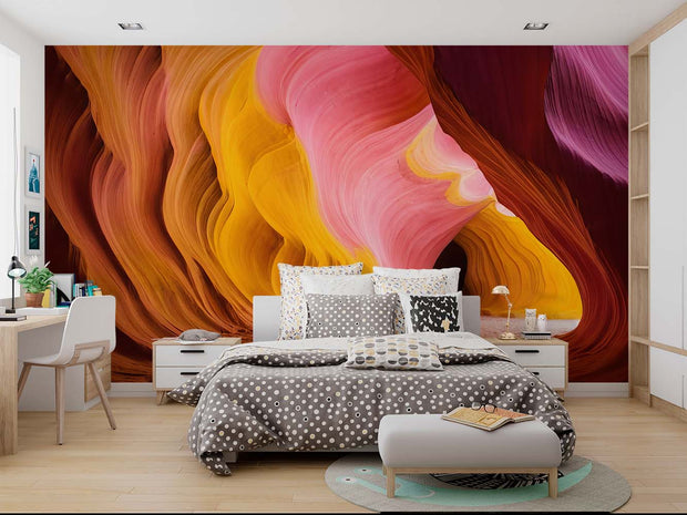 Vibrant Antelope Canyon Wall Mural – Stunning Desert Landscape Wallpaper with Swirling Sandstone Formations in Fiery Orange, Golden Yellow, and Soft Pink Tones.