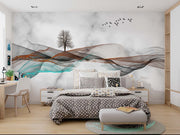 Abstract Flowing Waves Wall Mural – Modern Minimalist Landscape Wallpaper with Ethereal Fluid Waves, a Solitary Tree, and a Flock of Birds Over a Marble-Textured Background.