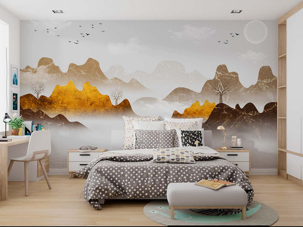 Golden Abstract Mountain Wall Mural – Luxury Wallpaper with Marble-Textured Peaks, Metallic Gold Accents, and a Misty Landscape for Elegant Interiors.