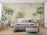 Elegant classical architecture and tropical palm wall mural featuring Roman-style columns, domes, and lush greenery in a vintage aesthetic.