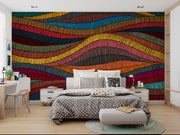 Colorful waves wall mural featuring colorful hand-drawn patterns in red, blue, yellow, and orange, perfect for modern home decor.