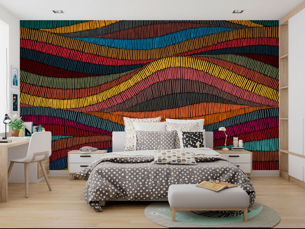 Colorful waves wall mural featuring colorful hand-drawn patterns in red, blue, yellow, and orange, perfect for modern home decor.