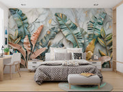 Luxury Tropical Leaf Wall Mural – 3D Botanical Wallpaper with Banana Leaves, Golden Accents, and Textured Background for Elegant Interiors.