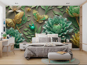 Luxury 3D Botanical Wall Mural – Realistic Succulent and Butterfly Wallpaper with Golden Accents for Elegant Modern Interiors.