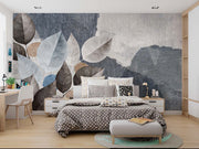 Modern Abstract Leaf & Mountain Wall Mural – Artistic Textured Wallpaper with Botanical Elements and Nature-Inspired Design in Blue, Taupe, and Beige.