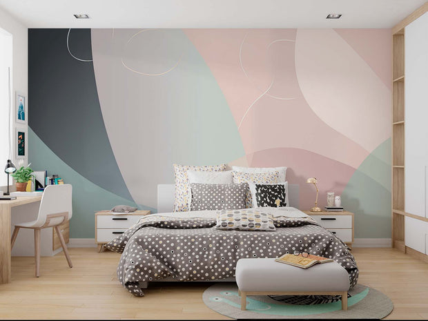 Modern Abstract Pastel Wall Mural – Soft Minimalist Wallpaper with Blush, Sage Green, and Taupe Curves for Contemporary Interiors.