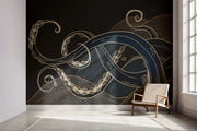 Modern octopus tentacles wall mural with bold navy and cream tones, featuring abstract ocean wave patterns on a dark background.