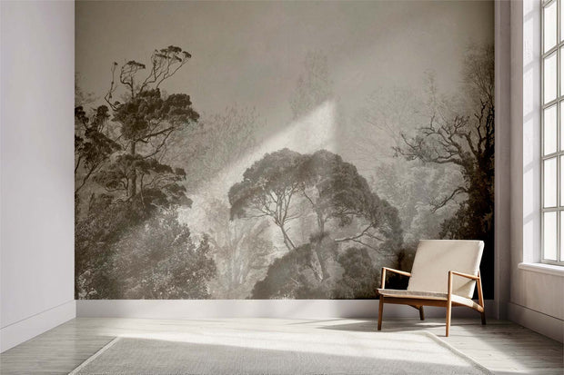 Grayscale misty forest wall mural featuring soft light filtering through trees, creating a serene and tranquil atmosphere for modern and minimalist interiors.