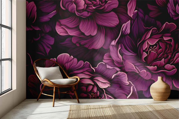 Bold Burgundy Peony Wall Mural – Luxurious Oversized Floral Wallpaper with Deep Plum, Purple, and Dark Background for Elegant Interiors.