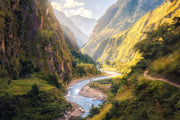 Majestic valley wall mural with green mountains, winding river, and sunlight, perfect for nature-inspired bedroom or living room décor.