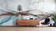 Abstract Flowing Waves Wall Mural – Modern Minimalist Landscape Wallpaper with Ethereal Fluid Waves, a Solitary Tree, and a Flock of Birds Over a Marble-Textured Background.