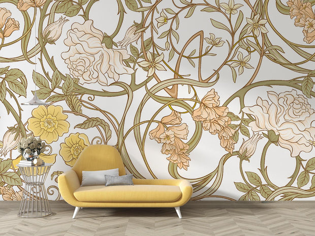 Art Nouveau botanical wall mural with flowing floral patterns in beige, sage green, and gold tones, styled in a modern living room.