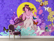 Whimsical wall mural with a muse surrounded by butterflies, vibrant florals, and a yellow moon against a purple background, ideal for colorful decor.