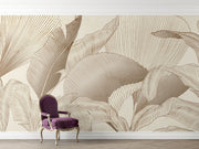 Sophisticated tropical leaf wall mural with fine-line botanical detailing in neutral beige and taupe tones, ideal for modern and elegant interior spaces.