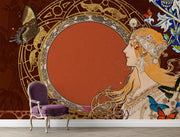 Art Nouveau wall mural featuring a golden-haired muse, butterflies, and intricate gold details on a burnt-orange background, perfect for elegant decor.