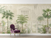 Elegant classical architecture and tropical palm wall mural featuring Roman-style columns, domes, and lush greenery in a vintage aesthetic.