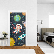 Space-themed door mural featuring a cute astronaut, rocket ship, planets, and stars – perfect for kids' bedrooms and playrooms.