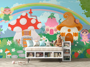 Whimsical Fairyland Wall Mural featuring mushroom houses, fairies, rainbows, and forest creatures – perfect for kids' rooms and nurseries.