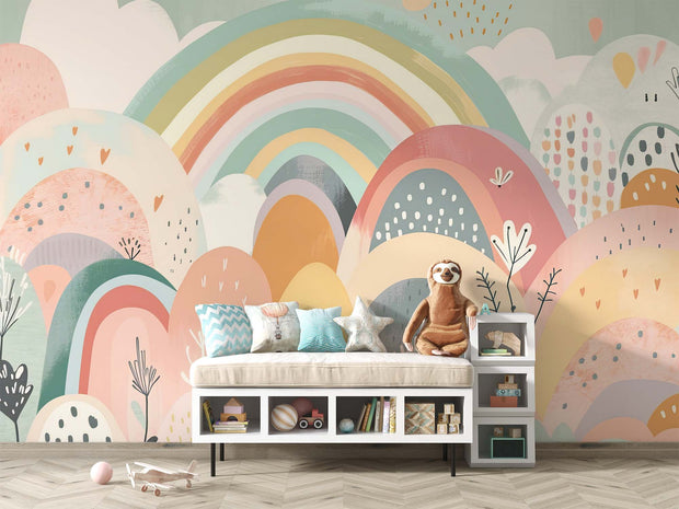 Colorful rainbow hills wall mural with soft pastel tones, whimsical hand-painted patterns, and playful botanical details – perfect for a kids’ bedroom or nursery decor.