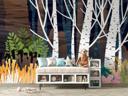 Enchanted Birch Forest Wall Mural – White birch trees with dark woodland backdrop, perfect for modern home decor, living rooms, bedrooms, and offices.