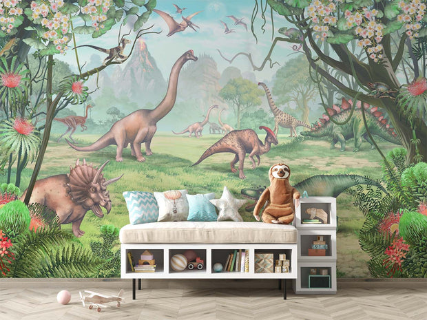 Jurassic Dinosaur Wall Mural – Realistic Prehistoric Scene with Brachiosaurus, Triceratops, and Velociraptors in a Lush Green Landscape for Kids' Rooms.