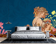 Art Nouveau wall mural with a muse holding fruits, surrounded by floral patterns on a navy-blue background, adding vintage elegance to a bedroom.