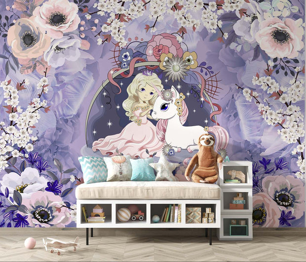 Princess & Unicorn Wall Mural – Fantasy Fairytale Wallpaper for Kids' Rooms, featuring dreamy pastel florals and a magical princess with her unicorn companion.