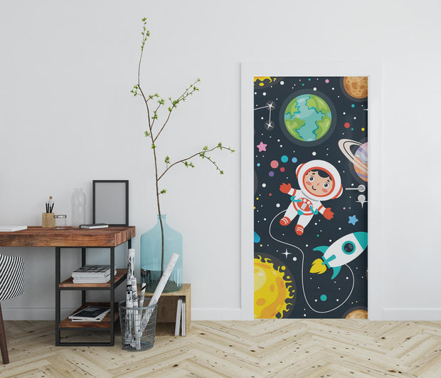 Space-themed door mural featuring a cute astronaut, rocket ship, planets, and stars – perfect for kids' bedrooms and playrooms.