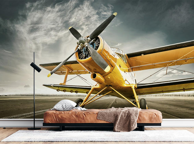 Vintage airplane wall mural featuring a bold yellow aircraft against a dynamic sky, ideal for creating an adventurous and inspiring interior.