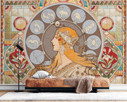 Art Nouveau wall mural with a celestial muse surrounded by astrological zodiac symbols and stained-glass patterns, perfect for adding cosmic elegance to a space.