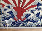 Japanese wall mural featuring blue ocean waves, a bold red rising sun, and birds in flight for a dynamic artistic statement.