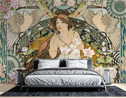 Art Nouveau wall mural with a serene goddess, floral patterns and decorative birds, adding vintage elegance to a modern bedroom.