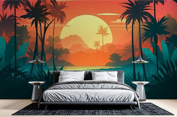 Tropical sunset wall mural with vibrant orange sky, palm trees and lush greenery, perfect for modern bedroom or living room décor.