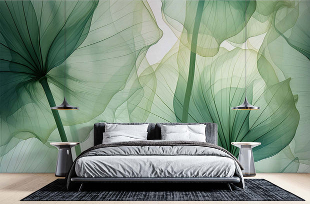 Ethereal Green Leaf Wall Mural – Nature-Inspired Botanical Wallpaper with Soft Translucent Leaves in Calming Green Hues.