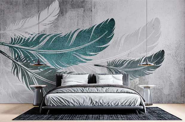 Ethereal Feather Wall Mural – Modern Boho Wallpaper with Floating Teal & White Feathers on a Textured Concrete-Style Background.