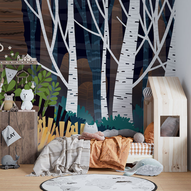 Enchanted Birch Forest Wall Mural – White birch trees with dark woodland backdrop, perfect for modern home decor, living rooms, bedrooms, and offices.